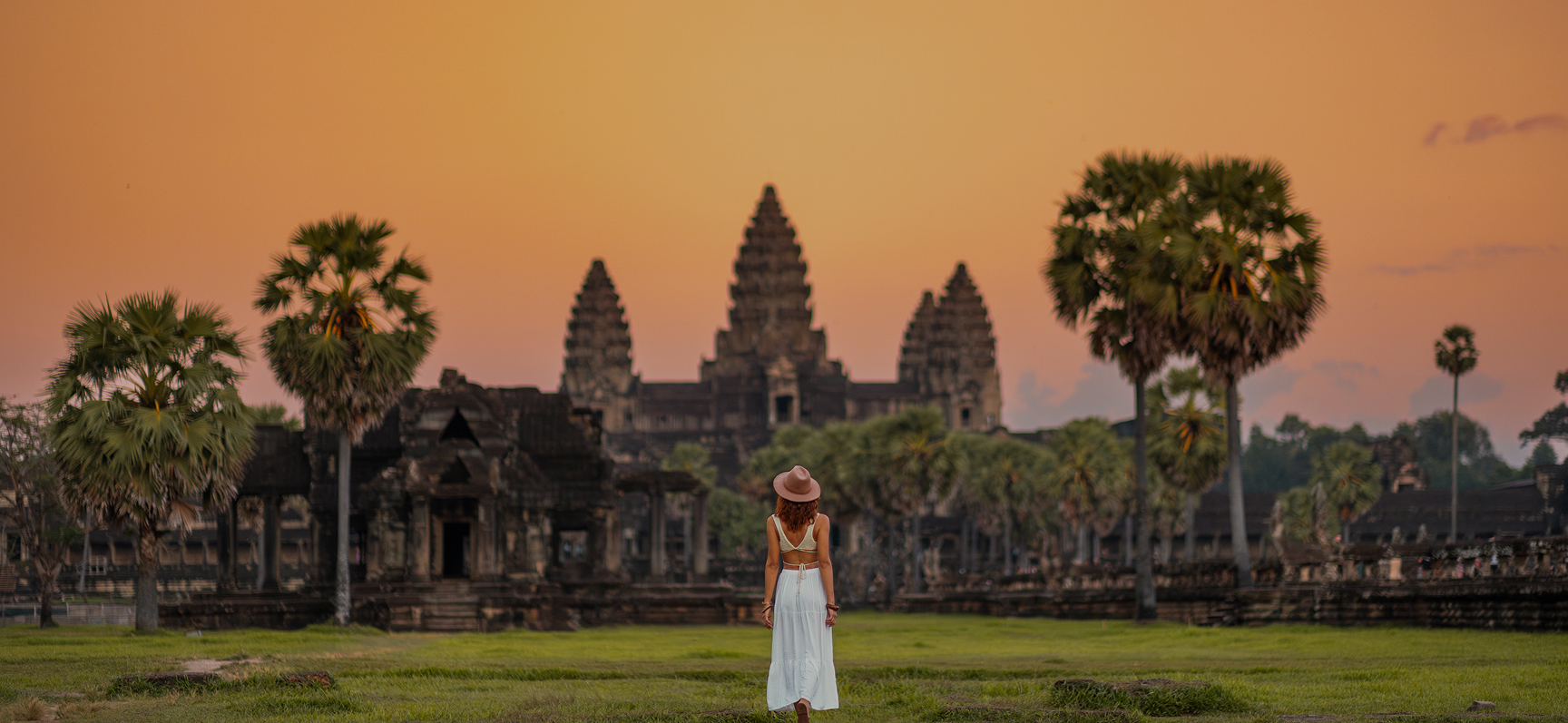 Angkor Wat temple at sunset with palm trees